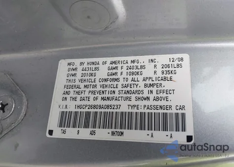 2009 Honda Accord 2.4 Ex-L from USA, damaged, VIN 1HGCP26809A085237